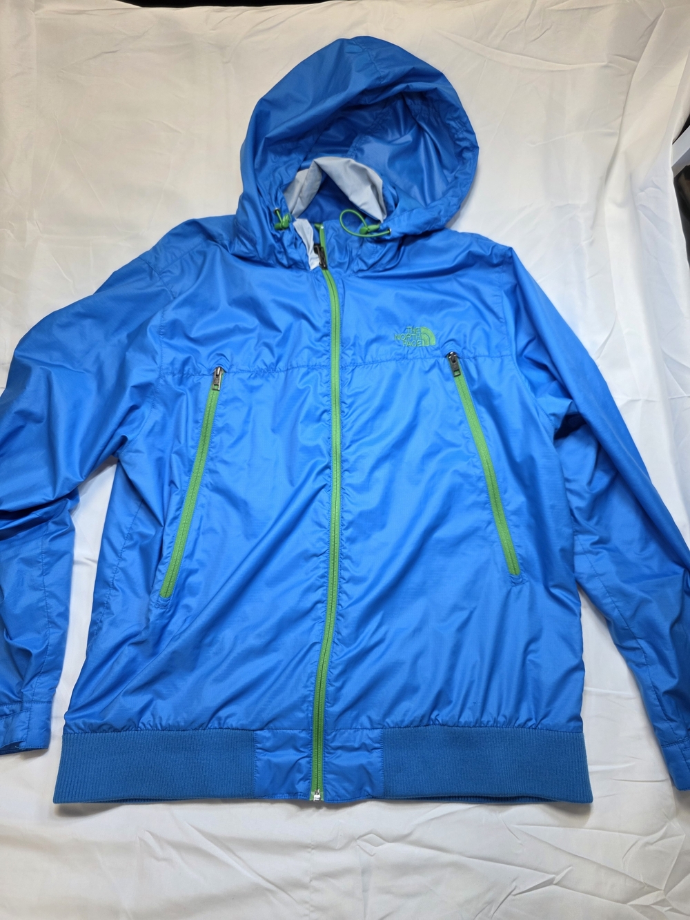 The North Face Blue Hooded Windbreaker with Lime Accents Men's Size XL